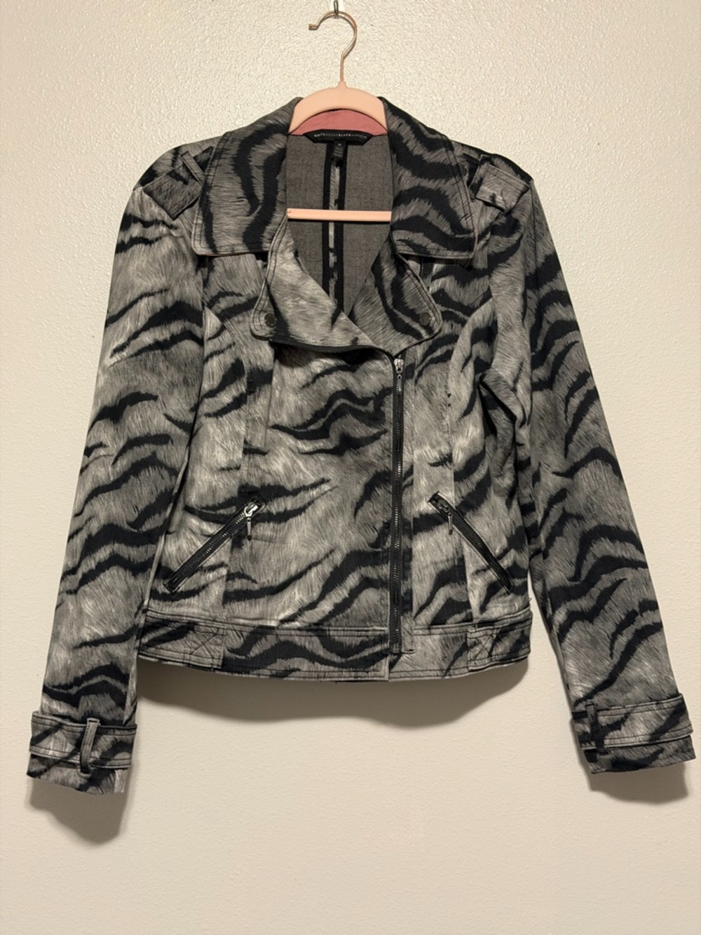 White House Black Market Black & Gray Zebra-Print Moto Jacket